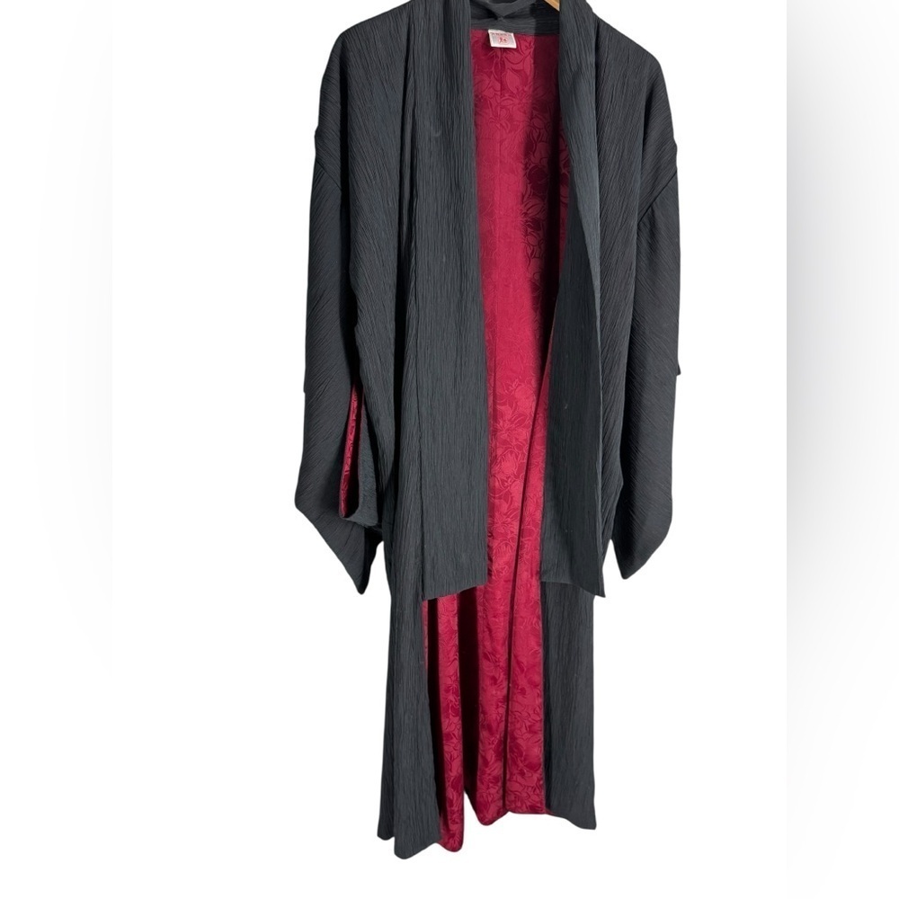 Black crepe and red satin kimono robe